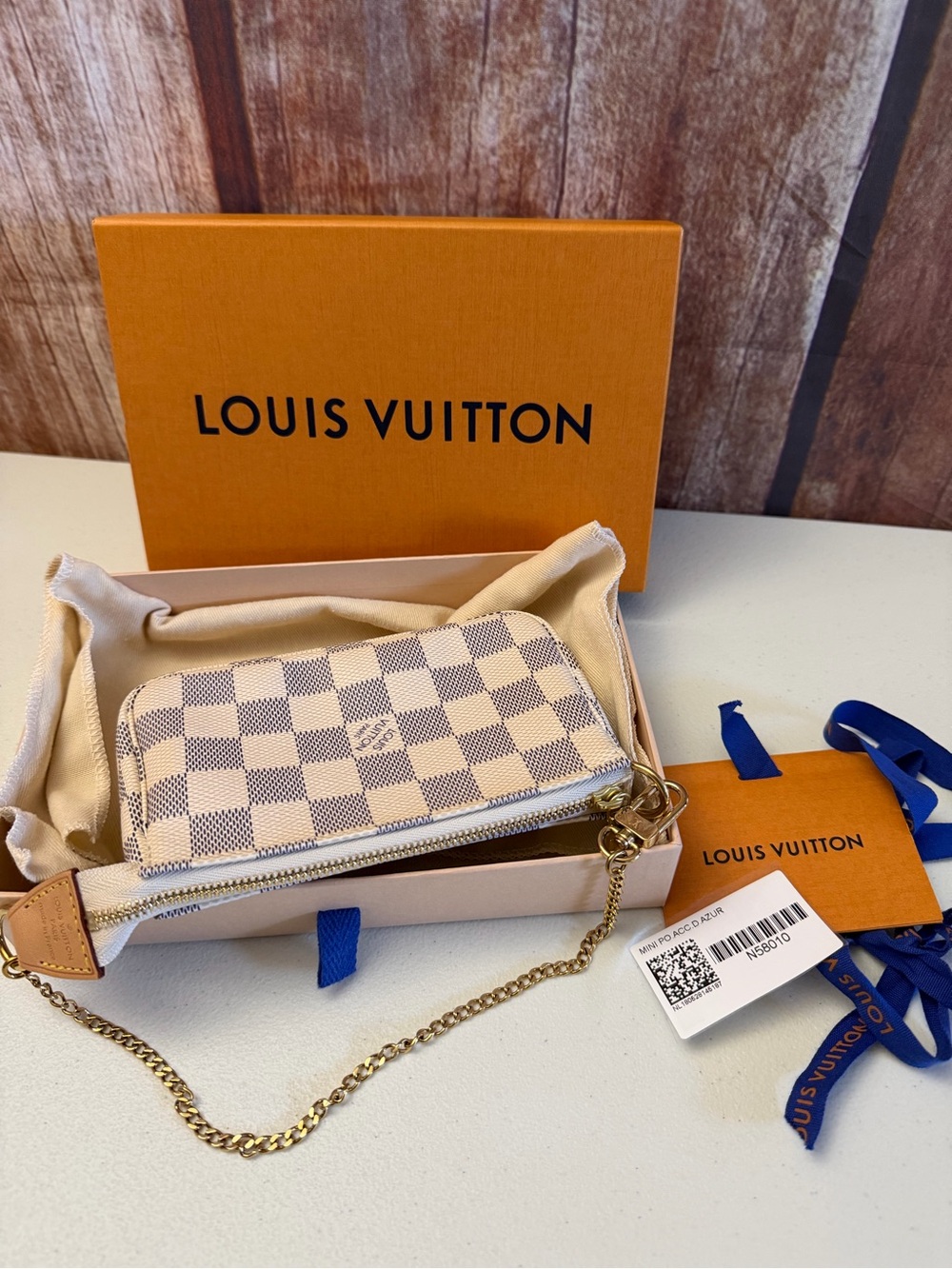 Louis Vuitton Damier Azur Mini Pochette - White/Beige with Gold Chain - Picture 7 of 12